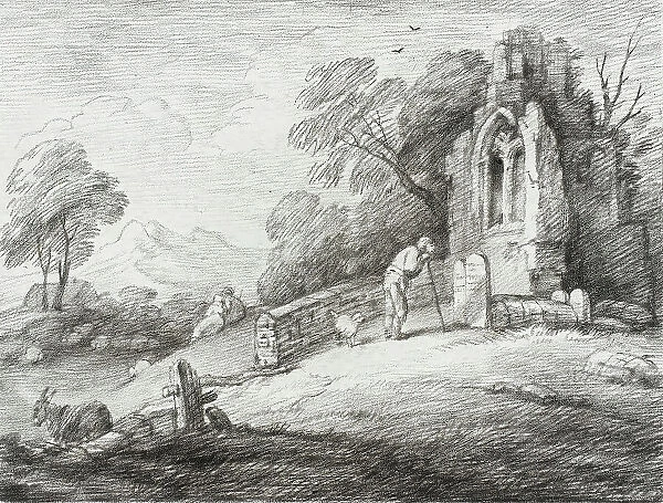 A Churchyard with Ruined Tower Among Trees on Rising Ground, 1780. Creator: Thomas Gainsborough