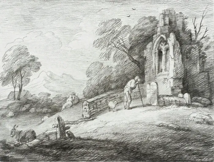 Framed Print : A Churchyard with Ruined Tower Among Trees on Rising Ground, 1780. Creator: Thomas Gainsborough Framed Print : A Churchyard with Ruined Tower Among Trees on Rising Ground, 1780. Creator: Thomas Gainsborough