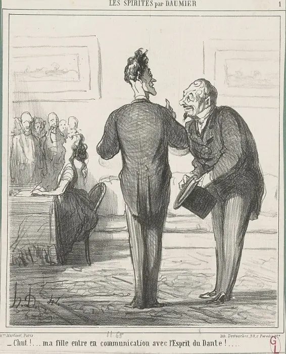 Framed Print : Chut...! ma fille entre en communication avec l'Esprit de Dante!... 19th century. Creator: Honore Daumier Framed Print : Chut...! ma fille entre en communication avec l'Esprit de Dante!... 19th century. Creator: Honore Daumier