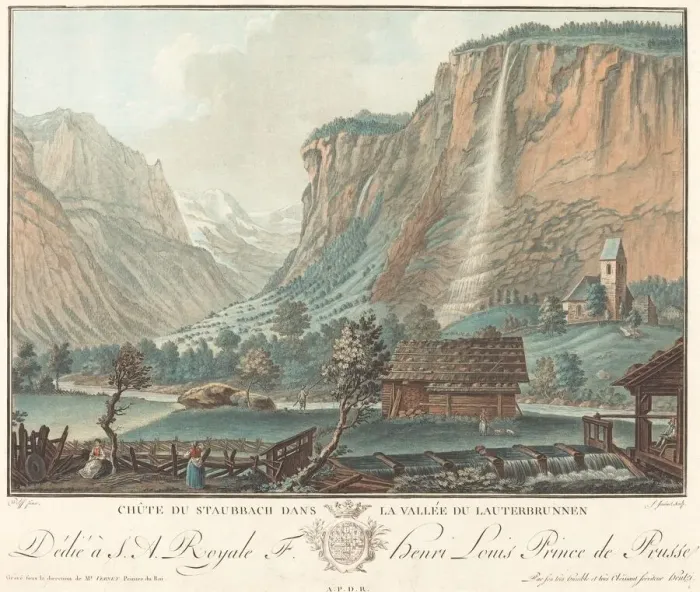 Framed Print : Chute de Staubbach, dans la Vallee de Lauterbrunnen (Falls at Staubbach... probably 1776. Creator: Jean Francois Janinet) Framed Print : Chute de Staubbach, dans la Vallee de Lauterbrunnen (Falls at Staubbach... probably 1776. Creator: Jean Francois Janinet)