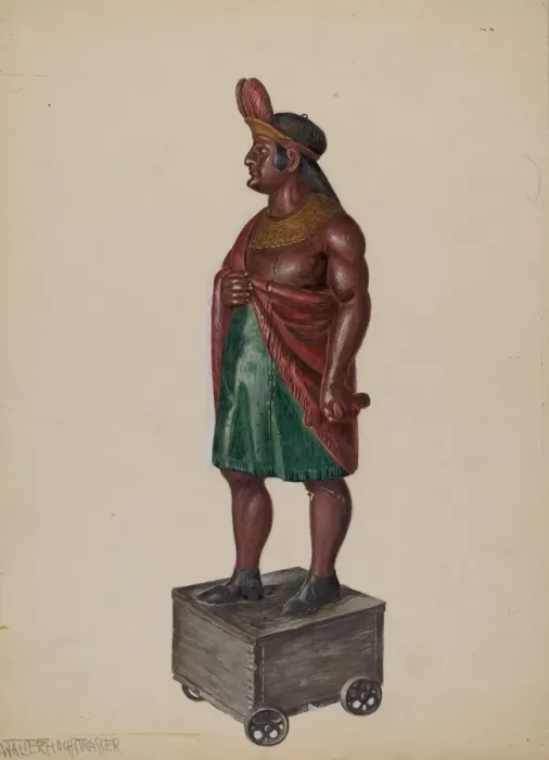 Framed Print : Cigar Store Indian, c. 1936. Creator: Walter Hochstrasser Framed Print : Cigar Store Indian, c. 1936. Creator: Walter Hochstrasser