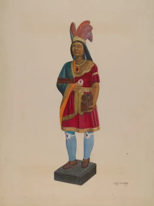 Framed Print : Cigar Store Indian, c. 1937. Creator: Chris Makrenos Framed Print : Cigar Store Indian, c. 1937. Creator: Chris Makrenos