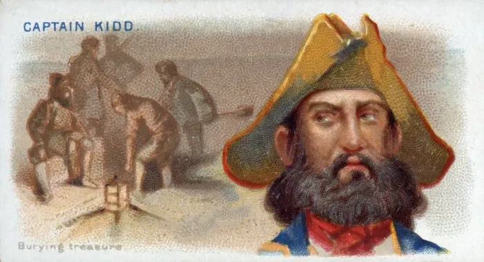 Framed Print : Cigarette Card Captain Kidd, Burying Treasure, pub. 1888 (colour lithograph). Creator Framed Print : Cigarette Card Captain Kidd, Burying Treasure, pub. 1888 (colour lithograph). Creator