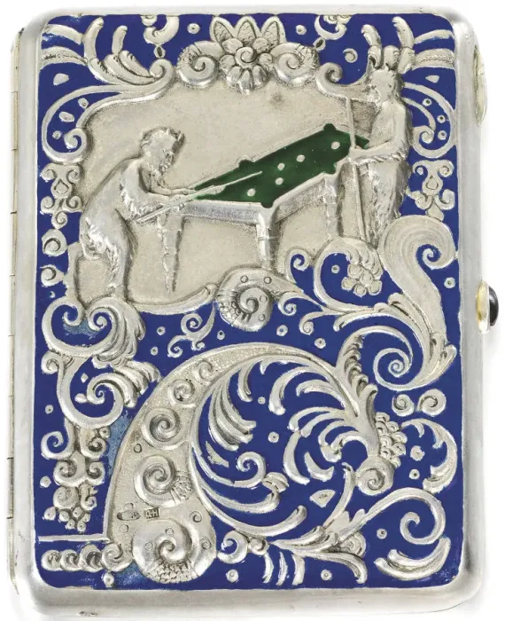 Framed Print : Cigarette case with two satyrs playing Russian billiard, 1884. Artist: Russian master Framed Print : Cigarette case with two satyrs playing Russian billiard, 1884. Artist: Russian master