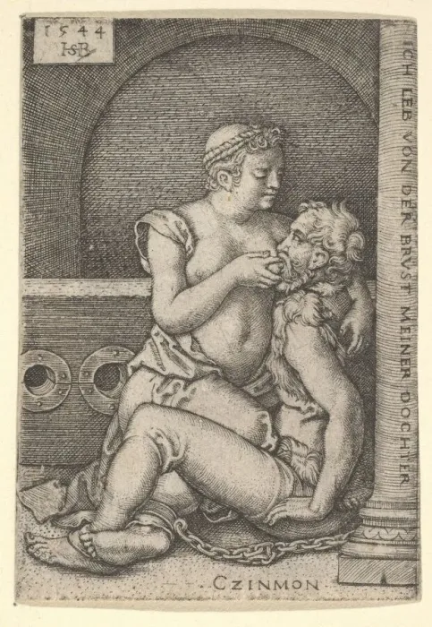 Framed Print : Cimon seated against a column at right, suckling from Pero who is kneeling next to him Framed Print : Cimon seated against a column at right, suckling from Pero who is kneeling next to him
