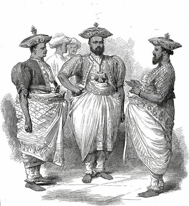 Framed Print : Cinghalese Chiefs waiting for the Prince of Wales at Kandy, Ceylon, from a sketch by... 1876. Creator: Unknown Framed Print : Cinghalese Chiefs waiting for the Prince of Wales at Kandy, Ceylon, from a sketch by... 1876. Creator: Unknown