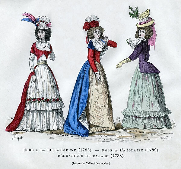 Circassian dress, 1796, English dress, 1789, and caraco housecoat, 1788 (1882-1884)