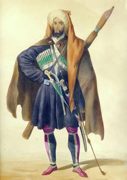 Framed Print : A Circassian (From: Scenes, paysages, meurs et costumes du Caucase), 1840. Artist: Gagarin, Grigori Grigorievich (1810-1893) Framed Print : A Circassian (From: Scenes, paysages, meurs et costumes du Caucase), 1840. Artist: Gagarin, Grigori Grigorievich (1810-1893)