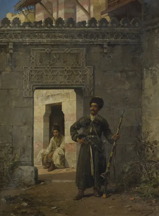 Framed Print : The Circassian guards, 1880. Artist: Khlebovsky, Stanislav (1835-1884) Framed Print : The Circassian guards, 1880. Artist: Khlebovsky, Stanislav (1835-1884)