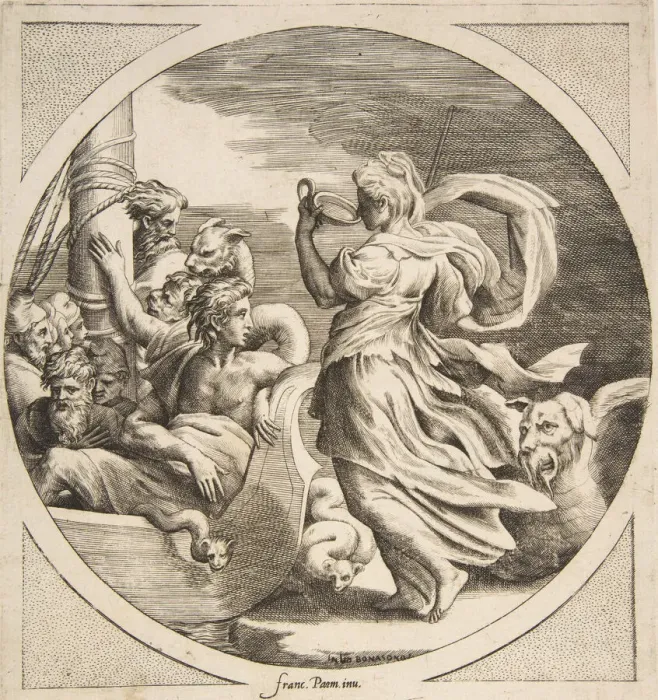 Framed Print : Circe drinking from a cup with the companions of Ulysses in a boat at left, a circular Framed Print : Circe drinking from a cup with the companions of Ulysses in a boat at left, a circular