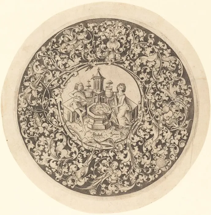 Framed Print : Circular Ornament with Musicians Playing near a Well, c. 1495 / 1503 Framed Print : Circular Ornament with Musicians Playing near a Well, c. 1495 / 1503