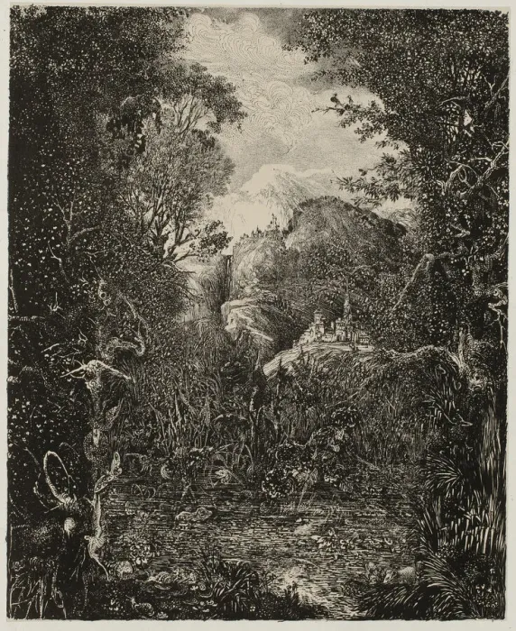 Framed Print : The Cities beyond the Marsh, 1868. Creator: Rodolphe Bresdin Framed Print : The Cities beyond the Marsh, 1868. Creator: Rodolphe Bresdin