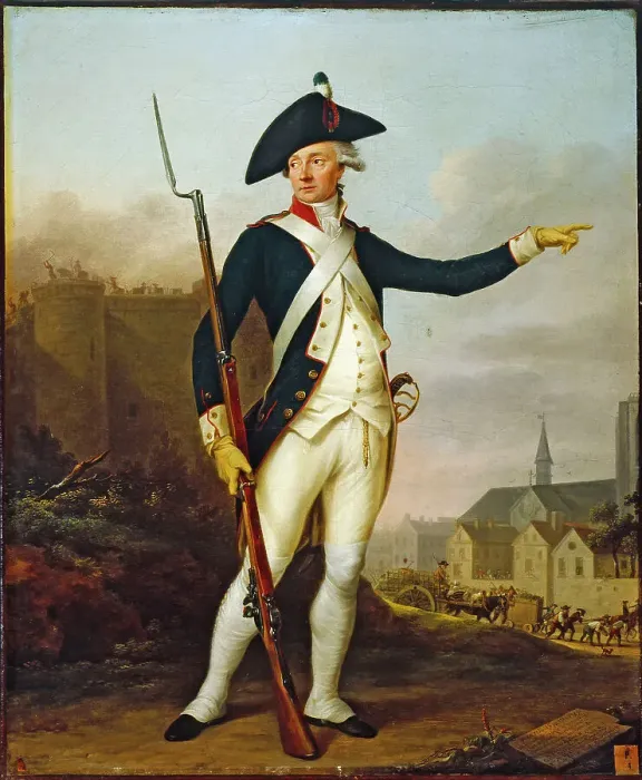 Framed Print : Citizen Nau-Deville, in National Guard uniform, transporting a convoy of weapons and ammun... 1790. Creator: Jean Francois Marie Bellier Framed Print : Citizen Nau-Deville, in National Guard uniform, transporting a convoy of weapons and ammun... 1790. Creator: Jean Francois Marie Bellier