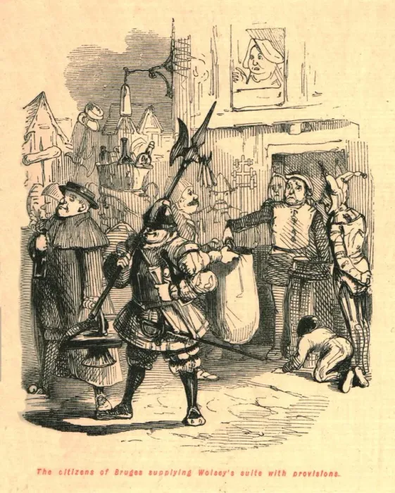 Framed Print : The citizens of Bruges supplying Wolseys suite with provisions, 1897. Creator: John Leech Framed Print : The citizens of Bruges supplying Wolseys suite with provisions, 1897. Creator: John Leech