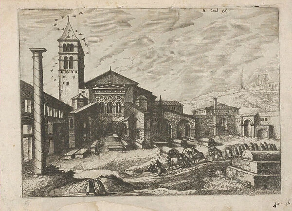 City with a Column and a Church, from the series Roman Ruins and Buildings, 1562. Creators: Johannes van Doetecum I, Lucas van Doetecum