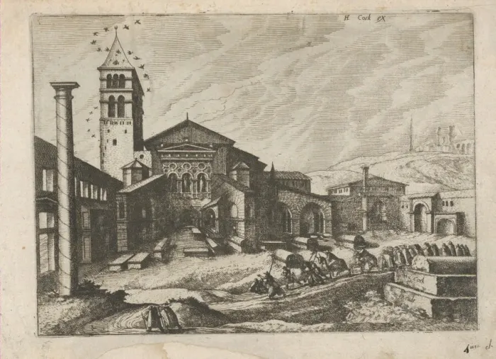 Framed Print : City with a Column and a Church, from the series Roman Ruins and Buildings, 1562. Creators: Johannes van Doetecum I, Lucas van Doetecum Framed Print : City with a Column and a Church, from the series Roman Ruins and Buildings, 1562. Creators: Johannes van Doetecum I, Lucas van Doetecum