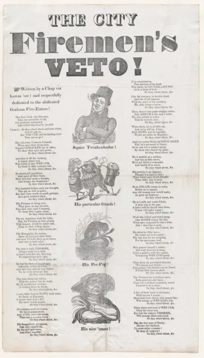 Framed Print : The City Firemans Veto! Written by a Chap vot knows ow! and respectfully dedicated t... ca. 1836. Creator: Anon Framed Print : The City Firemans Veto! Written by a Chap vot knows ow! and respectfully dedicated t... ca. 1836. Creator: Anon
