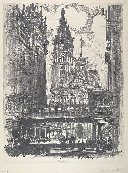 The City Hall and Bridge across Market Street, 1912. Creator: Joseph Pennell