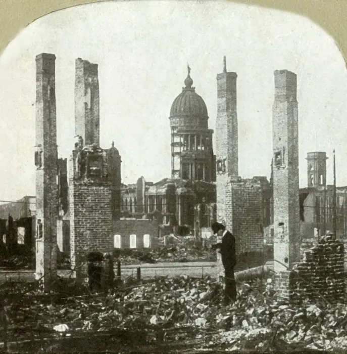 Framed Print : City Hall - Photographer in foreground - Tall brick chimneys left standing. Creator: Unknown Framed Print : City Hall - Photographer in foreground - Tall brick chimneys left standing. Creator: Unknown