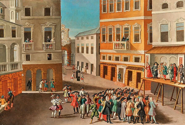 City landscape with actors from the Commedia dell'arte, 18th century. Creator: Unknown artist