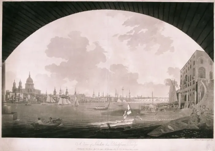 Framed Print : City of London from Blackfriars Bridge, 1795. Artist: John William Edy Framed Print : City of London from Blackfriars Bridge, 1795. Artist: John William Edy