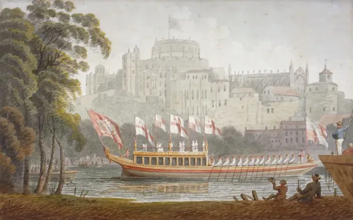 Framed Print : City of London State Barge moving up the River Thames, Windsor, Berkshire, 1812. Artist Framed Print : City of London State Barge moving up the River Thames, Windsor, Berkshire, 1812. Artist