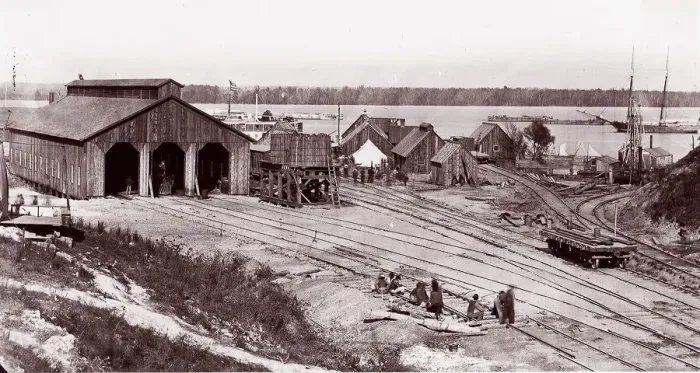 Framed Print : City Point, Virginia. James River, 1864. Creator: Andrew Joseph Russell Framed Print : City Point, Virginia. James River, 1864. Creator: Andrew Joseph Russell