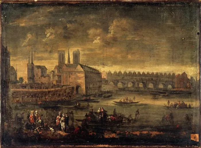 Framed Print : The city and Pont Saint-Michel, around 1650, current 4th arrondissement. Creator: Unknown Framed Print : The city and Pont Saint-Michel, around 1650, current 4th arrondissement. Creator: Unknown