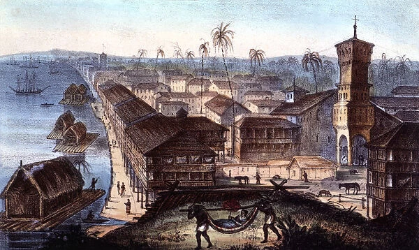 The city and the port of Guayaquil, color engraving