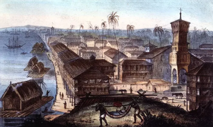 Framed Print : The city and the port of Guayaquil, color engraving Framed Print : The city and the port of Guayaquil, color engraving