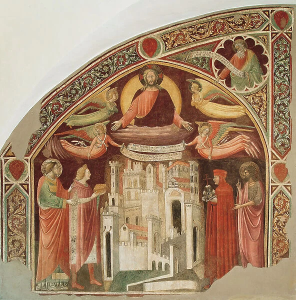 The city of Prato with Saints Stephen and John the Baptist and the benefactors Michele..., c.1415. Creator: Miniato, Pietro di (around 1366-1430 / 46)