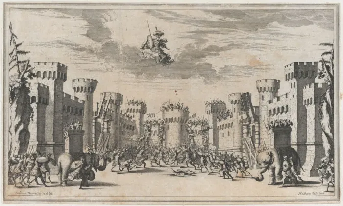 Framed Print : A city under siege with elephants and soldiers throughout; Mars looking down from above; s... 1668. Creator: Mathaus Küsel Framed Print : A city under siege with elephants and soldiers throughout; Mars looking down from above; s... 1668. Creator: Mathaus Küsel