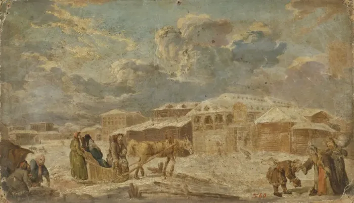 Framed Print : City Square in Winter, Second Half of the 18th cen Artist: Knappe, Karl Friedrich (1745-1808)