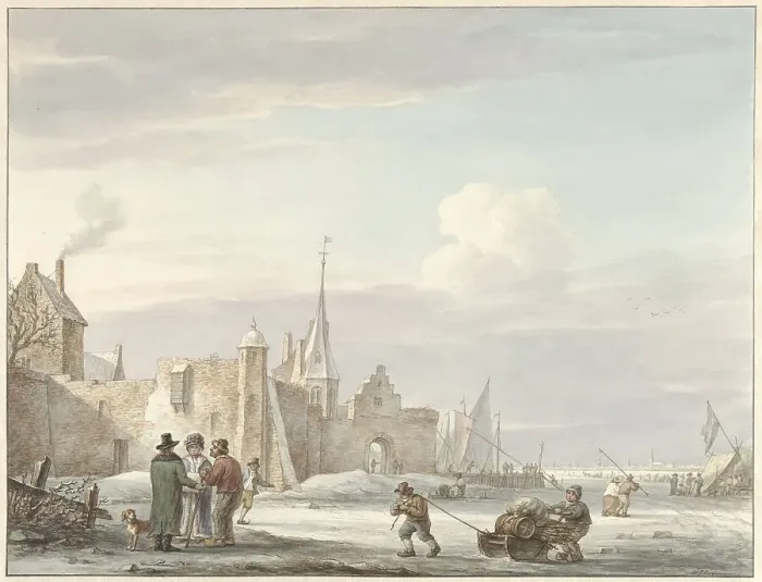 Framed Print : Cityscape in winter, 1780-1848. Creator: Martinus Schouman Framed Print : Cityscape in winter, 1780-1848. Creator: Martinus Schouman