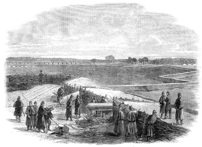Framed Print : The Civil War in America: a portion of the abandoned Confederate works and camp at... 1862. Creator: Unknown Framed Print : The Civil War in America: a portion of the abandoned Confederate works and camp at... 1862. Creator: Unknown