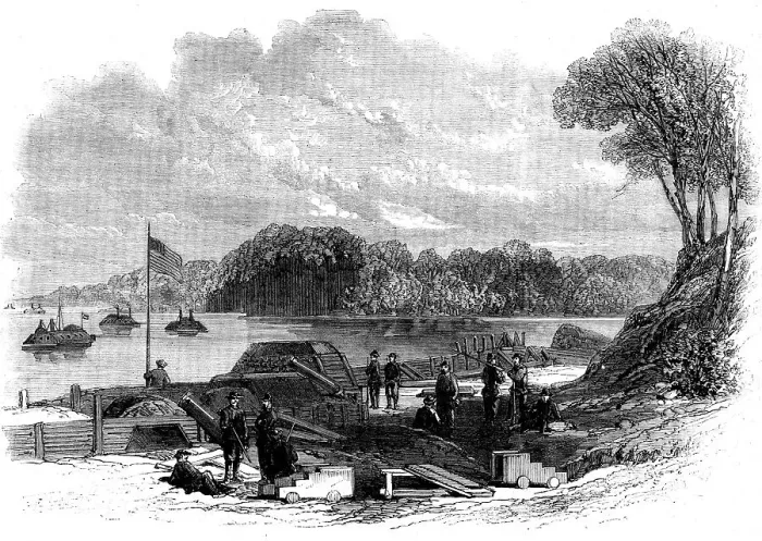 Framed Print : The Civil War in America - portion of the water batteries at Fort Pillow... 1862. Creator: Unknown Framed Print : The Civil War in America - portion of the water batteries at Fort Pillow... 1862. Creator: Unknown