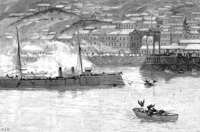Framed Print : The Civil War in Chili, Paying off an Old Score on the Almirante Lynch, 1891. Creator: Unknown. The Civil War in Chili, Paying off an Old Score on the Almirante Lynch, 1891. Creator: Unknown Framed Print : The Civil War in Chili, Paying off an Old Score on the Almirante Lynch, 1891. Creator: Unknown. The Civil War in Chili, Paying off an Old Score on the Almirante Lynch, 1891. Creator: Unknown