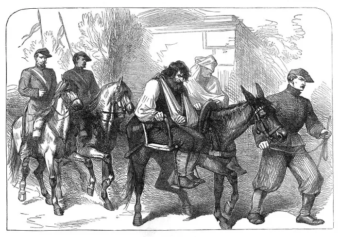 Framed Print : The Civil War in France: wounded insurgent prisoners brought into Versailles, 1871. Creator: Unknown Framed Print : The Civil War in France: wounded insurgent prisoners brought into Versailles, 1871. Creator: Unknown