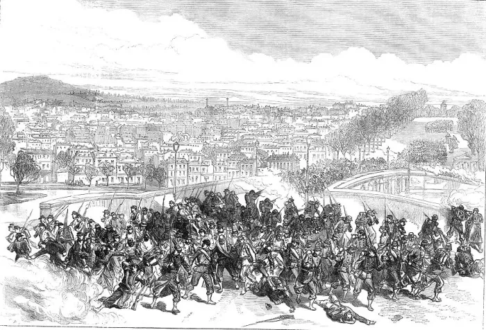 Framed Print : The Civil War in Paris: Communists routed at the Bridge of Neuilly, 1871. Creator: C. R