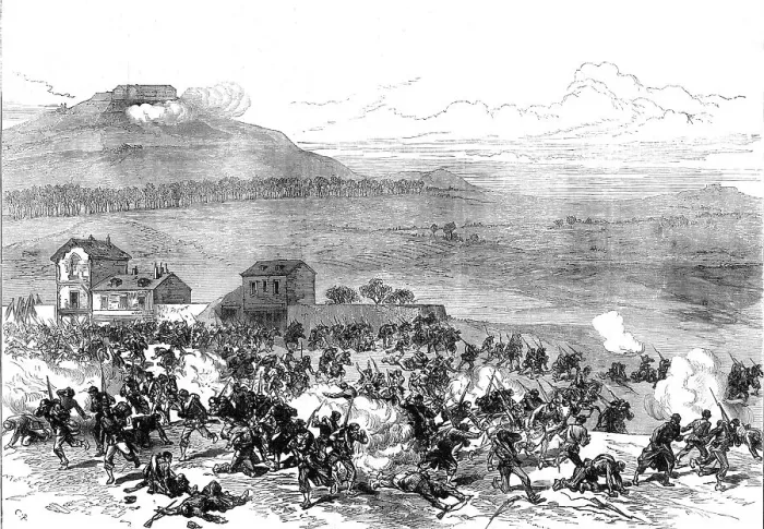 Framed Print : The Civil War in Paris: rout of the Communists at Nanterre by the fire of Mont Valerien, 1871. Creator: C. R Framed Print : The Civil War in Paris: rout of the Communists at Nanterre by the fire of Mont Valerien, 1871. Creator: C. R