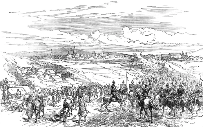 Framed Print : The Civil War in Spain: arrival of the Catalan Division at Vittoria, 1874. Creator: Unknown