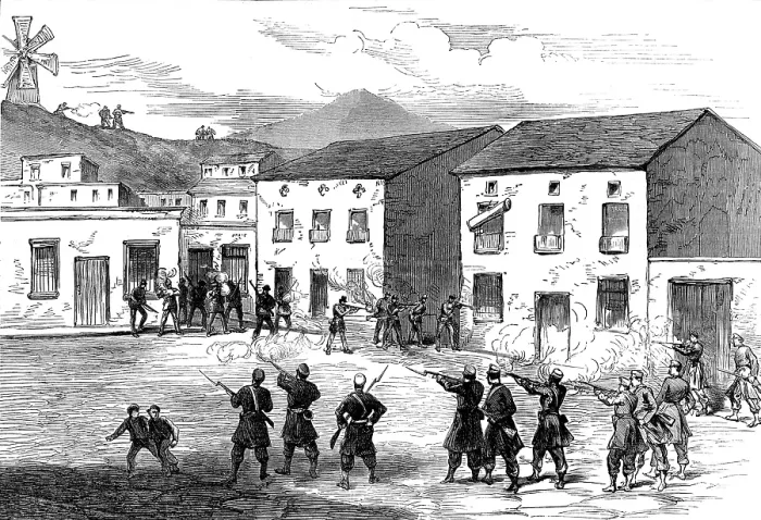 Framed Print : The Civil War in Spain: Carabiniers resisting the Carthagena insurgents at Aguilas, 1873. Creator: Unknown Framed Print : The Civil War in Spain: Carabiniers resisting the Carthagena insurgents at Aguilas, 1873. Creator: Unknown