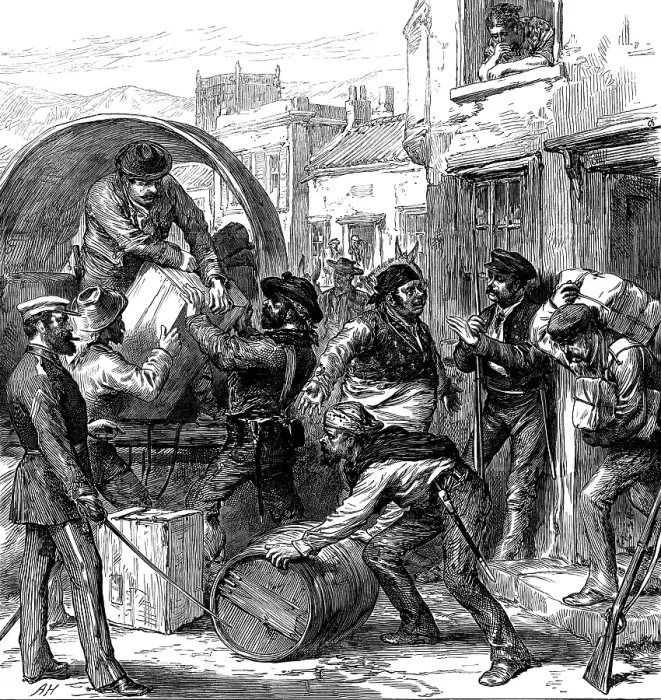 Framed Print : The Civil War in Spain: insurgents from Carthagena foraging at Torrevieja, 1873. Creator: Unknown Framed Print : The Civil War in Spain: insurgents from Carthagena foraging at Torrevieja, 1873. Creator: Unknown