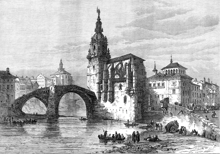 Framed Print : The Civil War in Spain: view in Bilbao - the church and bridge at St. Antonio, 1874. see 0580033139 Creator: Unknown Framed Print : The Civil War in Spain: view in Bilbao - the church and bridge at St. Antonio, 1874. see 0580033139 Creator: Unknown