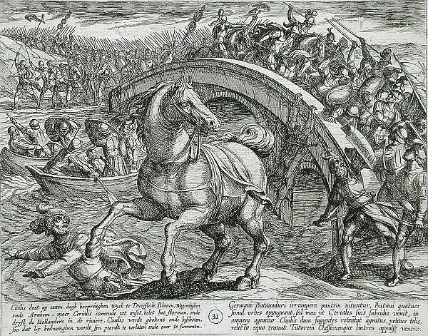 Civilis Forced to Dismount and Swim Across the River, Publshed 1612. Creator: Antonio Tempesta