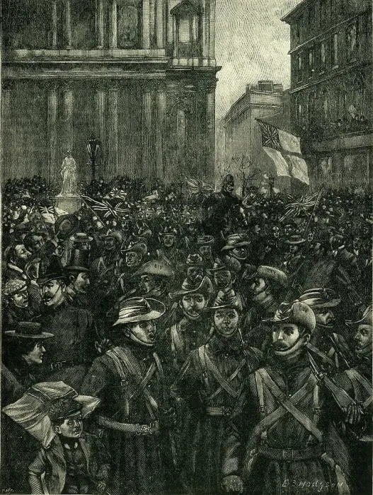 Framed Print : The C.I.V.'s Marching Down Ludgate Hill, On The Way From The Mansion House To Waterloo... c1900. Creator: E. B. Hodgson