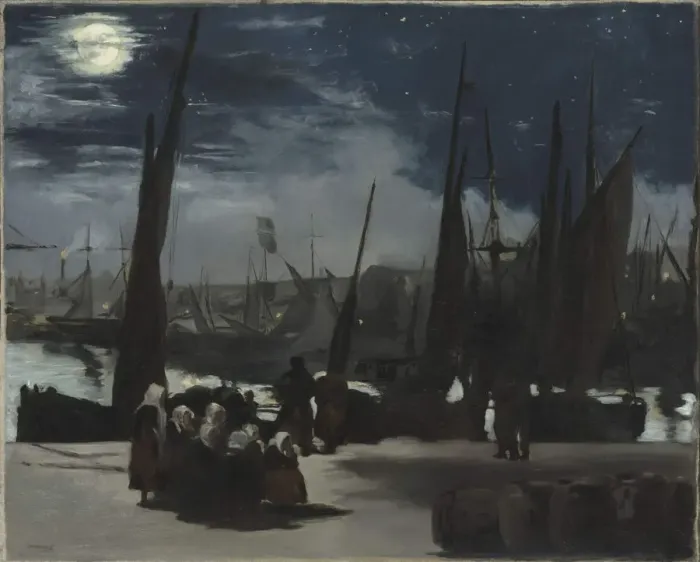 Framed Print : Clair de lune sur le port de Boulogne (Moonlight at the Port of Boulogne), 1869. Creator: Manet