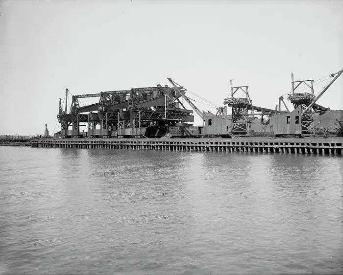 Framed Print : Clam shell ore unloading plant, Conneaut, Ohio, ca 1900. Creator: Unknown Framed Print : Clam shell ore unloading plant, Conneaut, Ohio, ca 1900. Creator: Unknown