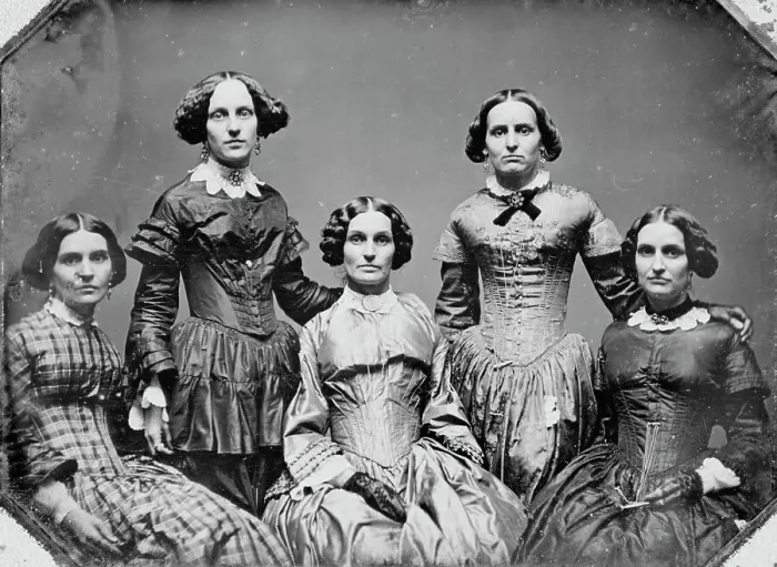 Framed Print : Clark sisters, five women, three-quarter length portraits, all facing front, between 1840 and 1860. Creator: Unknown Framed Print : Clark sisters, five women, three-quarter length portraits, all facing front, between 1840 and 1860. Creator: Unknown