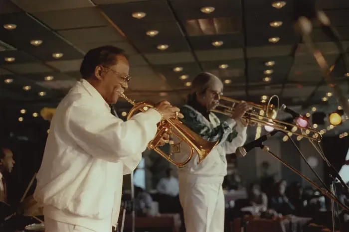 Framed Print : Clark Terry and Bob Brookmeyer, Jazz Inn Party, Nordwijk, Netherlands, 1989. Creator: Brian Foskett Framed Print : Clark Terry and Bob Brookmeyer, Jazz Inn Party, Nordwijk, Netherlands, 1989. Creator: Brian Foskett